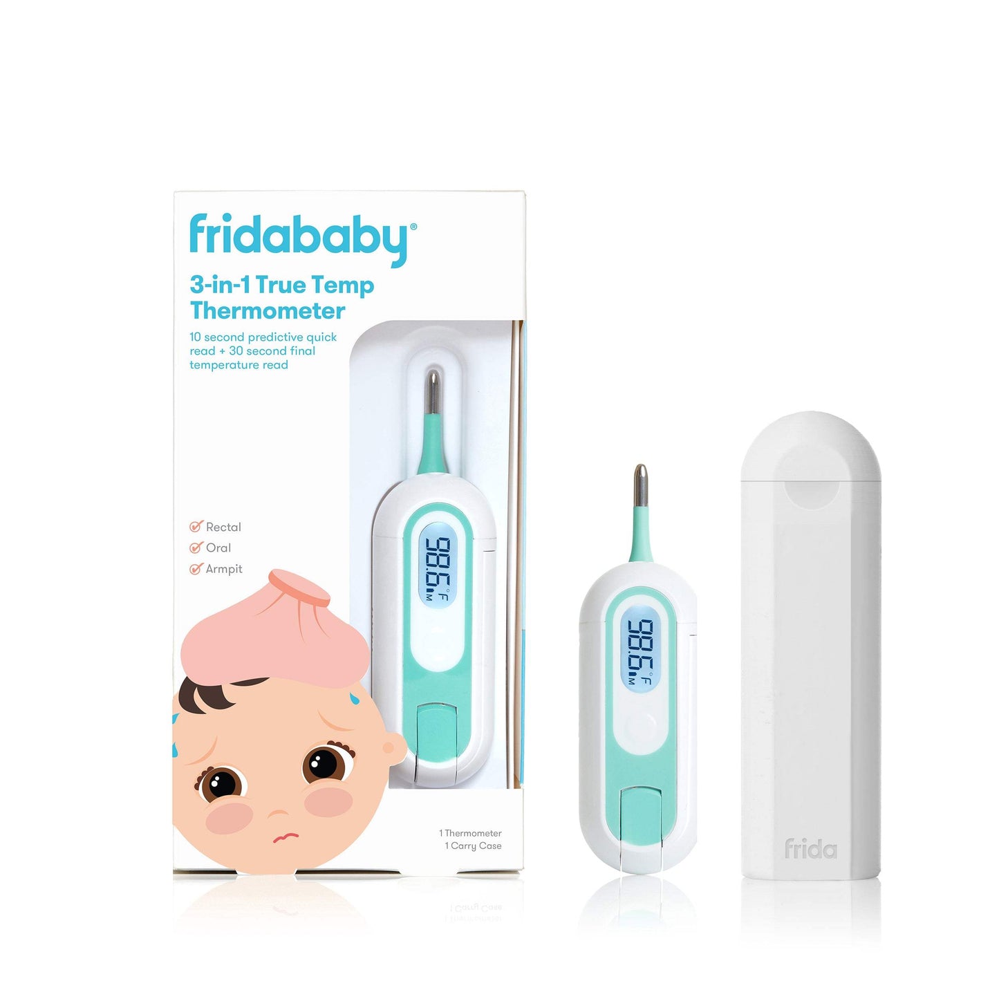 Package of 3-in-1 True Temp Thermometer contains 1 thermometer and one case. 3-in-1 True Temp Thermometer can be used rectally, orally, and between the armpit.