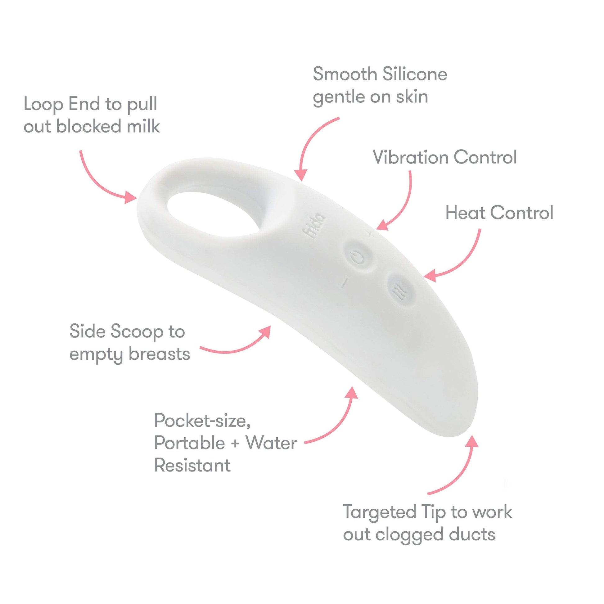 Massager contains a loop end to pull out blocked milk. A side scoop to empty breasts. Targeted tip to work out clogged ducts. Heat control button. Vibration control buttons. It's pocket size, portable, water resistant & made with silicone.