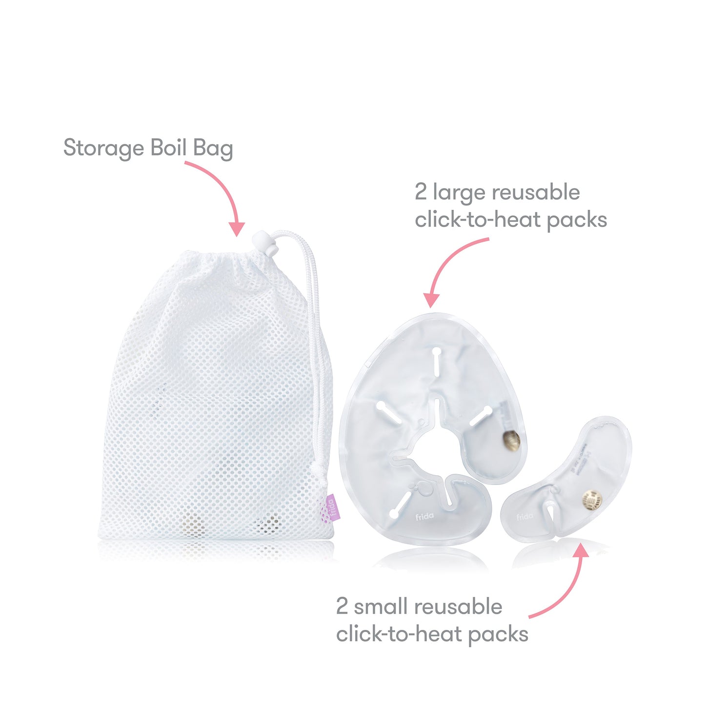 Showing the three items of the instant heat breast warmers. Package contains a white mesh storage boil bag, 2 large reusable click-to-heat packs, and 2 small reusable click-to-heat packs. 