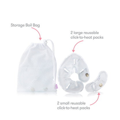 Showing the three items of the instant heat breast warmers. Package contains a white mesh storage boil bag, 2 large reusable click-to-heat packs, and 2 small reusable click-to-heat packs. 